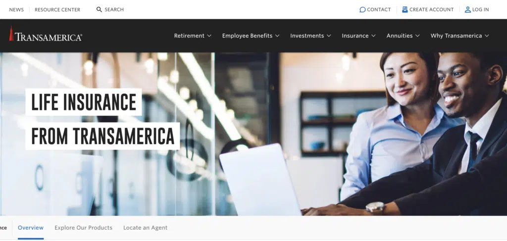screenshot of transamerica website
