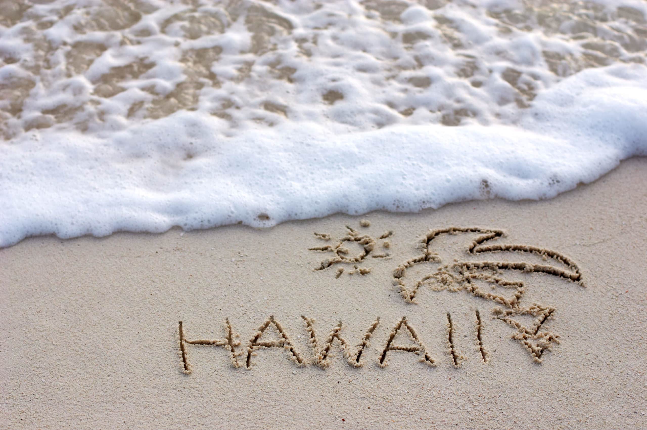 Nice Hawaii note written on white sand with ocean waves on background