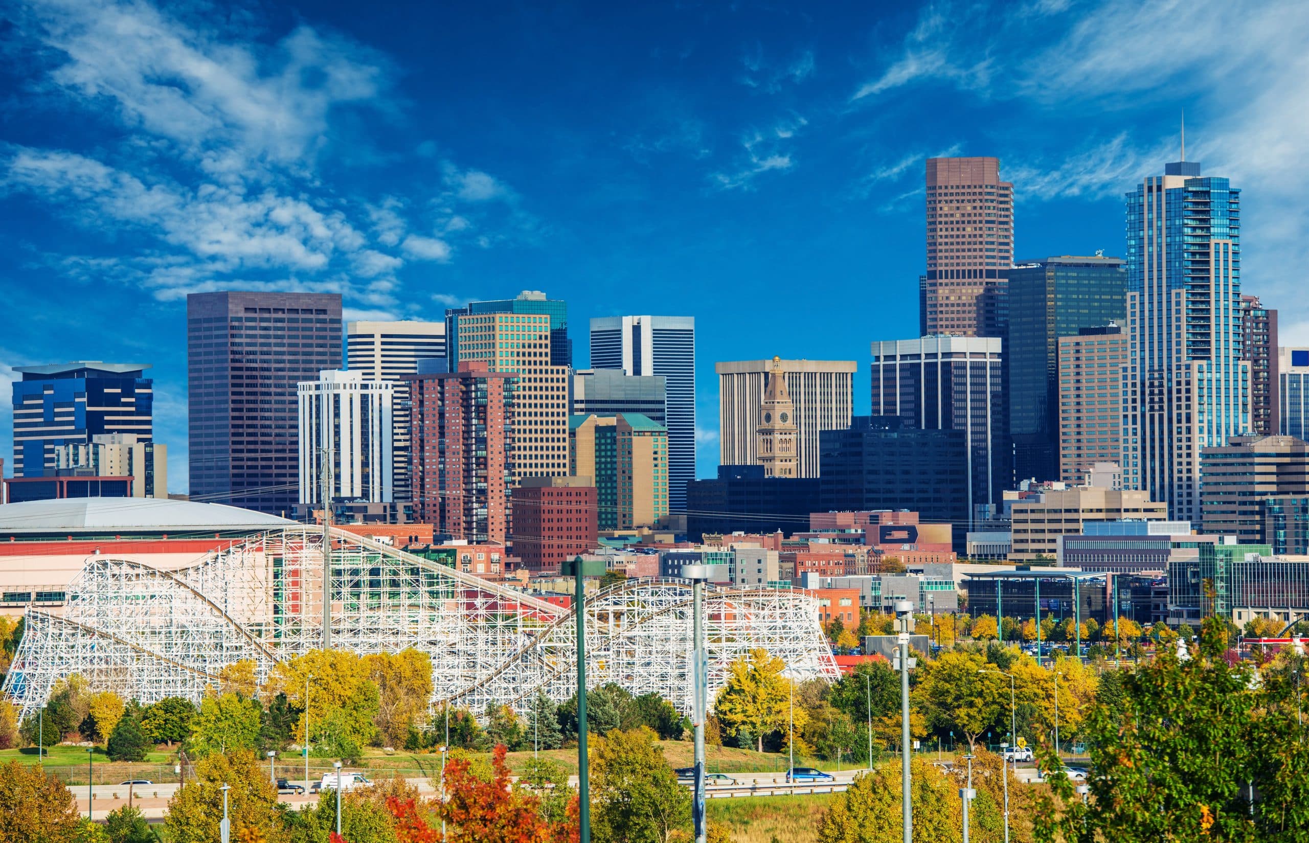 Sunny Day in Denver Colorado, United States. Downtown Denver City Skyline and the Blue Sky.