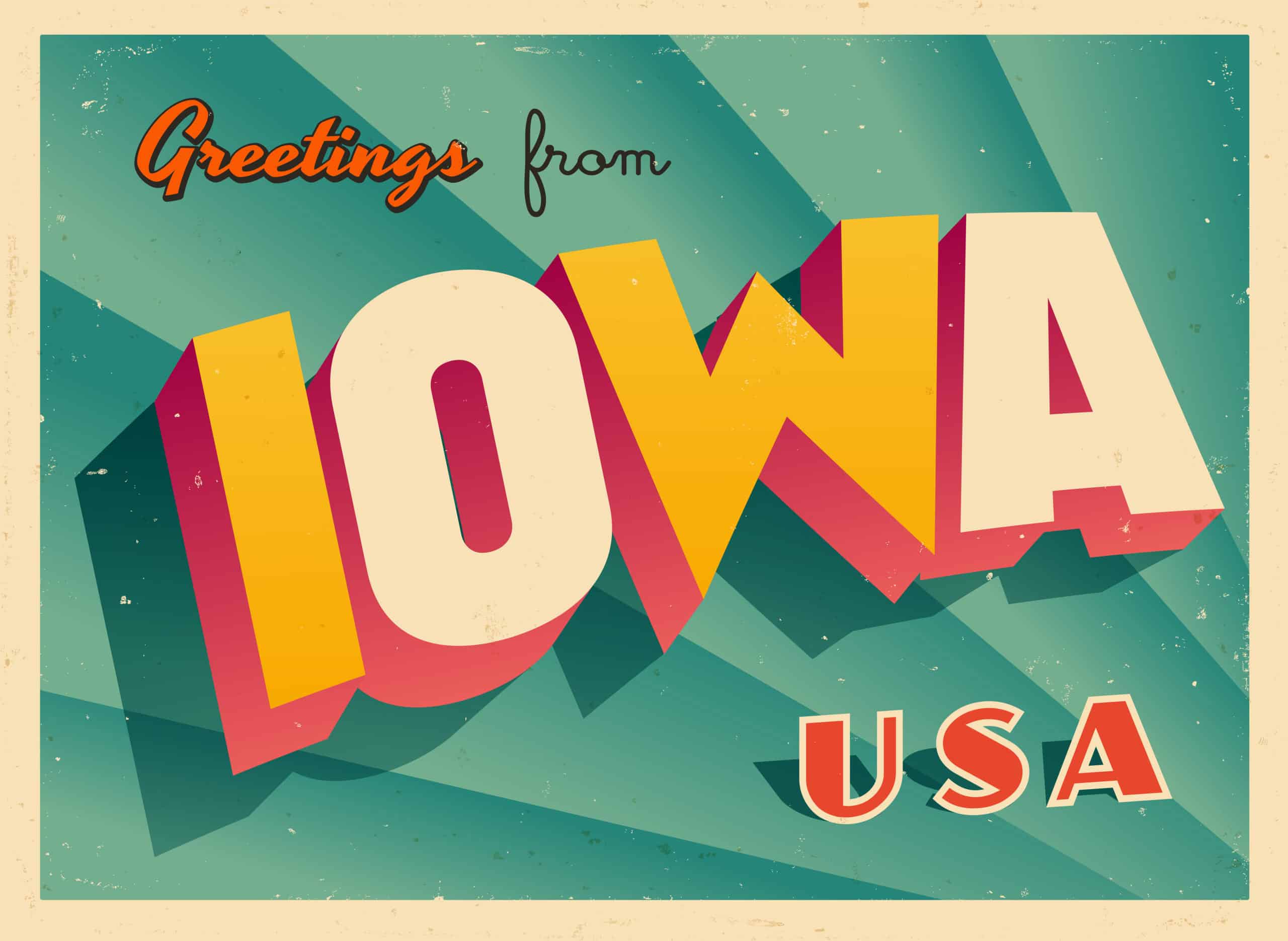 retro style postcard which says, "greeting from Iowa USA""