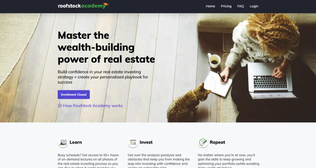 Screenshot of Roofstock Academy landing page, depicting woman on a laptop